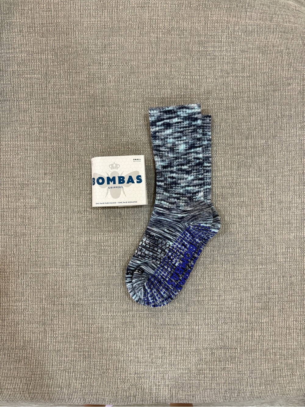 Bombas Blue Heather Gripper Crew Sock with Navy Grip